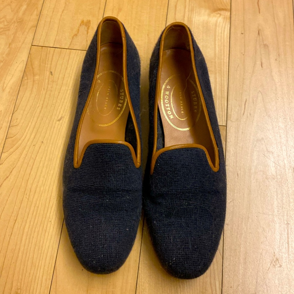 Stubbs & Wootton Navy Loafers with Brown Trim